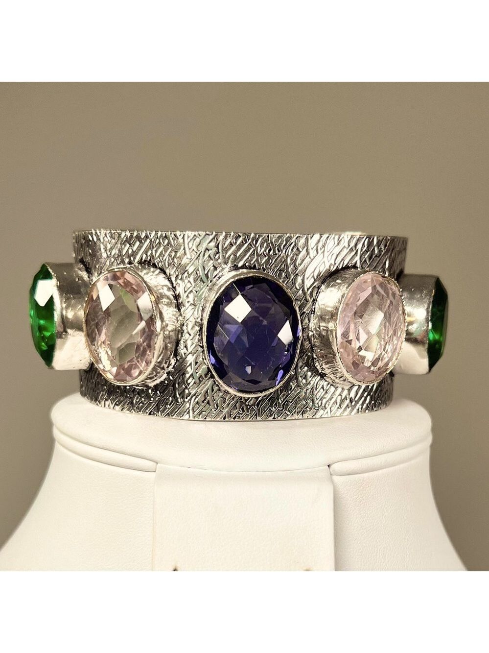 Statement 925 Faceted Amethyst Pink Topaz Green Quartz Large Bangle Bracelet